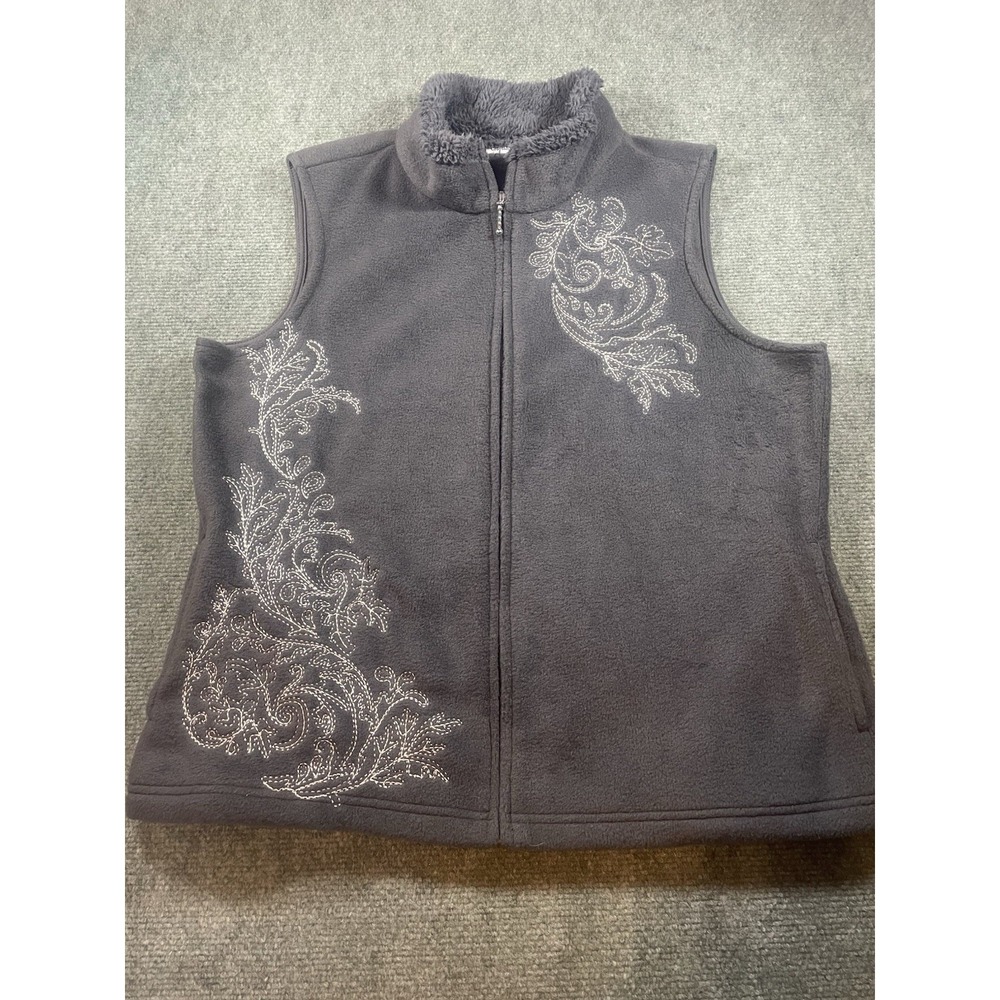 Croft & Barrow Women's Medium Full Zip Gray Fleece Lined Vest White Embroidery